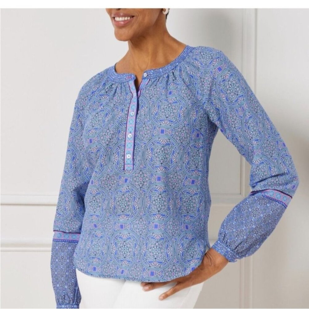 Talbots Top Womens XL Petite Blue Medallion Preppy Cottage Boho Beachy Popover